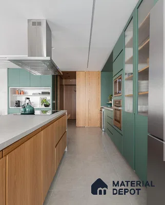 Sleek Modern Kitchen with Sage Cabinets and Wooden Accents | Material Depot