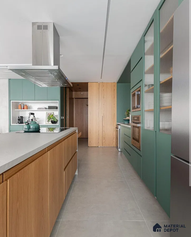 Sleek Modern Kitchen with Sage Cabinets and Wooden Accents | Material Depot