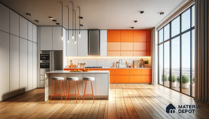 Sleek Modern Kitchen with Vibrant Orange Accents | Material Depot