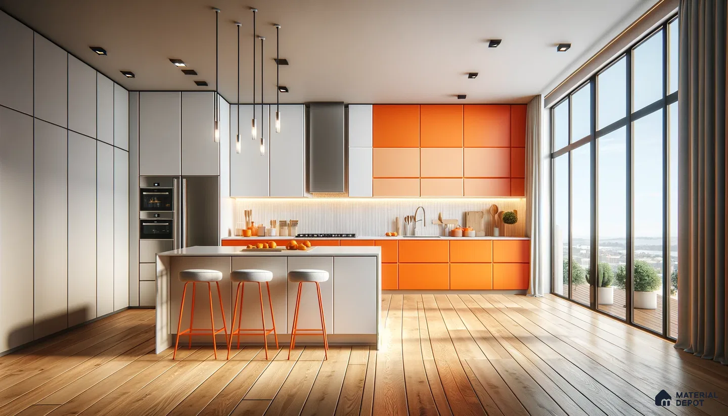 Sleek Modern Kitchen with Vibrant Orange Accents | Material Depot