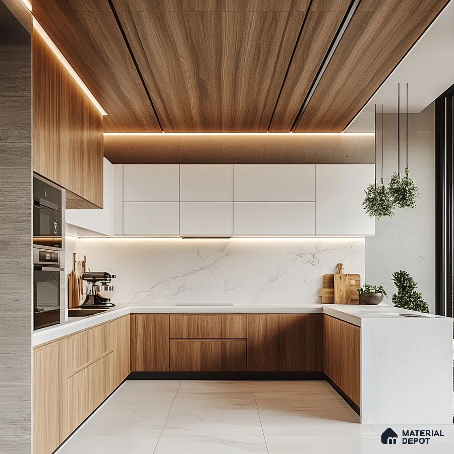 Sleek Modern Kitchen with Wood Accents and Marble Elegance | Material Depot