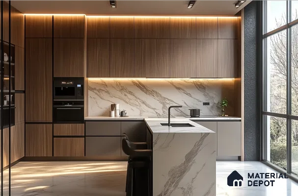 Sleek Modern Kitchen with Wood and Marble Elegance | Material Depot