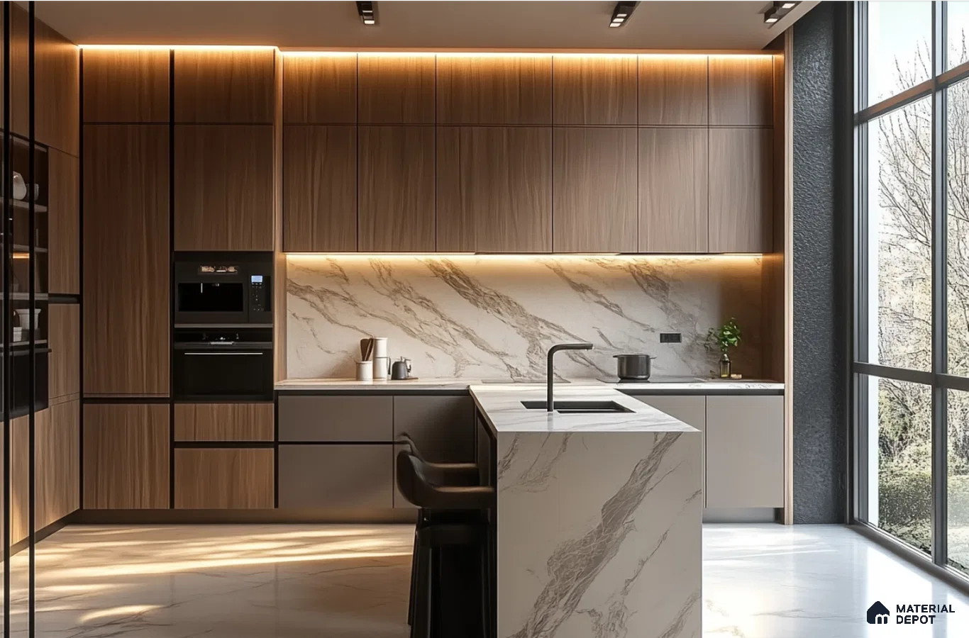 Sleek Modern Kitchen with Wood and Marble Elegance | Material Depot