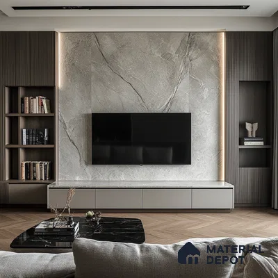 Sleek Modern Living Room with Marble Feature Wall and Wood Accents | Material Depot