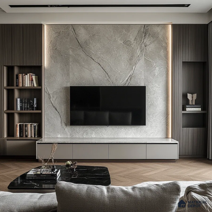 Sleek Modern Living Room with Marble Feature Wall and Wood Accents | Material Depot