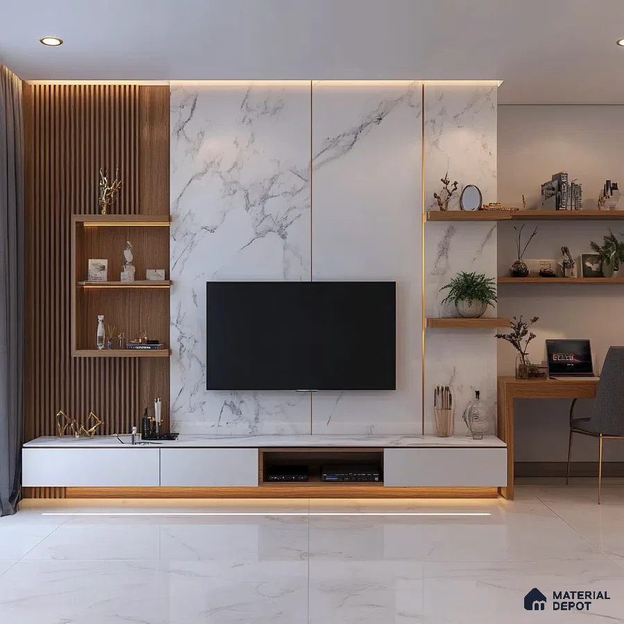 Sleek Modern Living Room with Marble Wall Panels and Wooden Shelving Accents | Material Depot