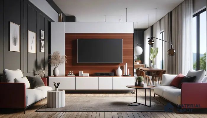 Sleek Modern Living Room with Rich Wood and Bold Contrast | Material Depot