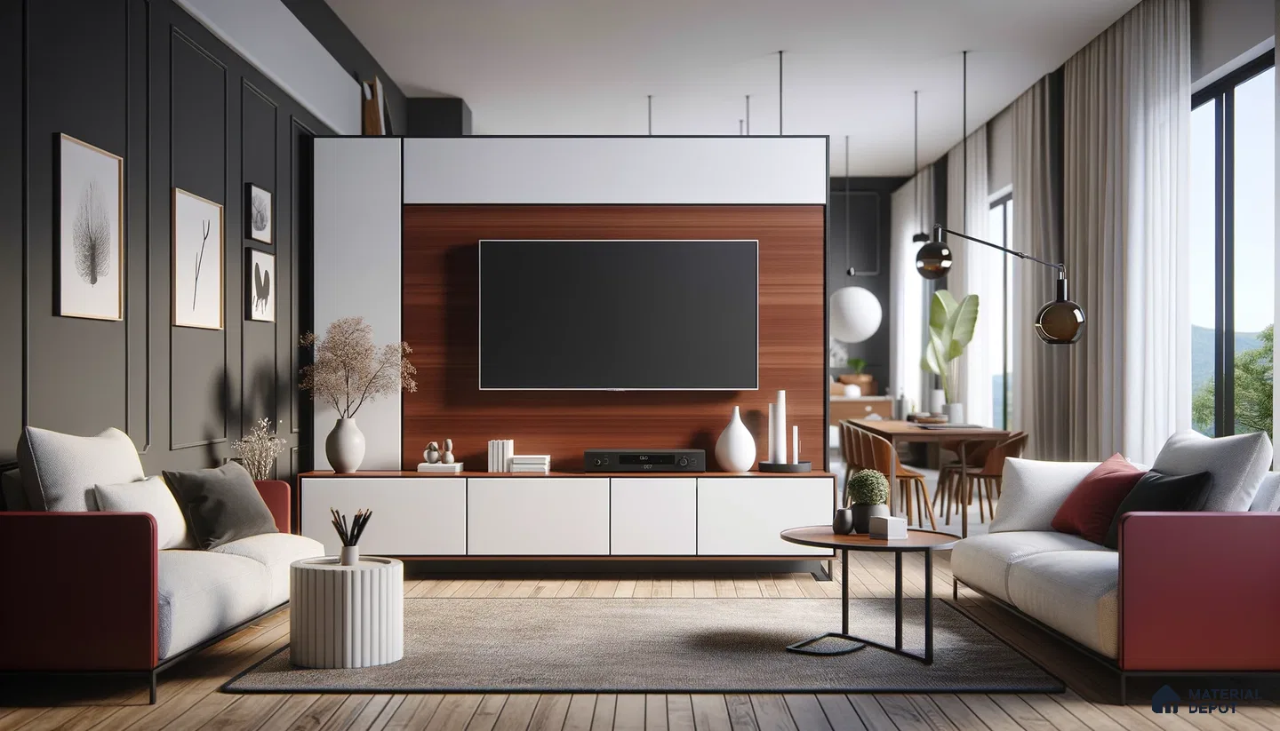Sleek Modern Living Room with Rich Wood and Bold Contrast | Material Depot