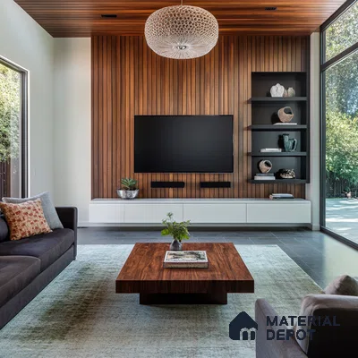 Sleek Modern Living Room with Wood Panel Accent Wall and Minimalist TV Setup | Material Depot