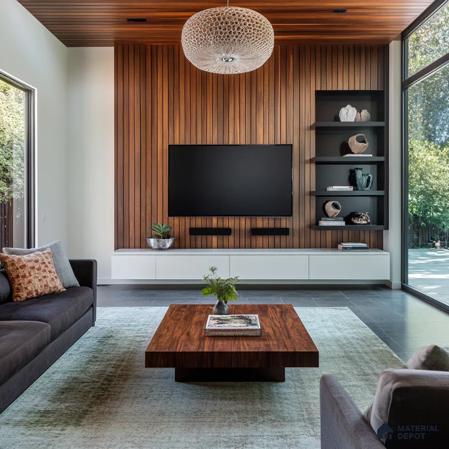 Sleek Modern Living Room with Wood Panel Accent Wall and Minimalist TV Setup | Material Depot