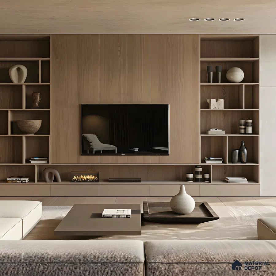 Sleek Modern TV Unit with Wood-Paneled TV Wall | Material Depot