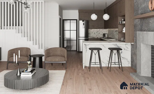 Sleek Modern Open-Concept Kitchen and Living Room with Grey and Brown Tile Flooring and Marble Kitchen Island | Material Depot
