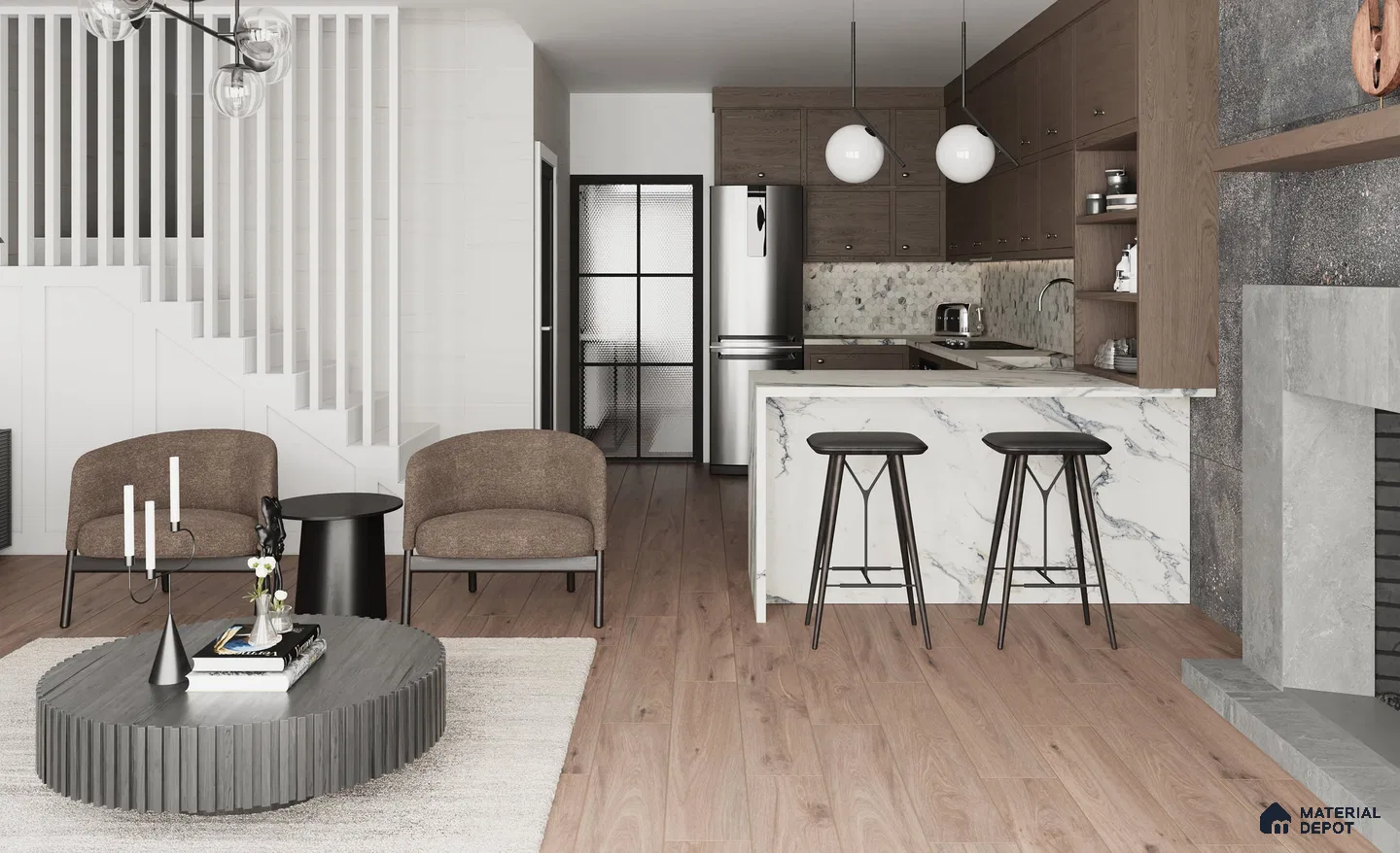 Sleek Modern Open-Concept Kitchen and Living Room with Grey and Brown Tile Flooring and Marble Kitchen Island | Material Depot