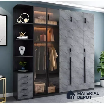 Sleek Modern Wardrobe with Glass Doors and Marble Finish | Material Depot