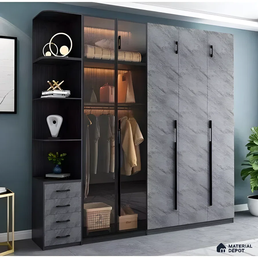 Sleek Modern Wardrobe with Glass Doors and Marble Finish | Material Depot