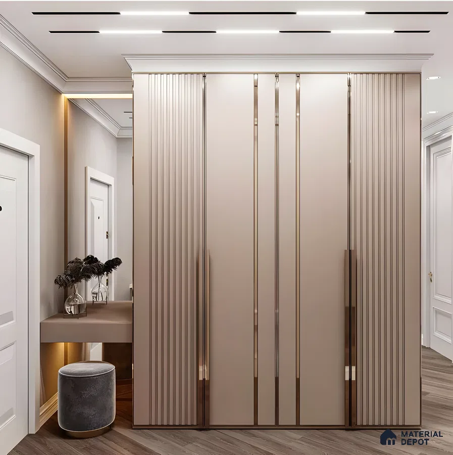 Sleek Modern Wardrobe with Vertical Panels and Gold Accents | Material Depot