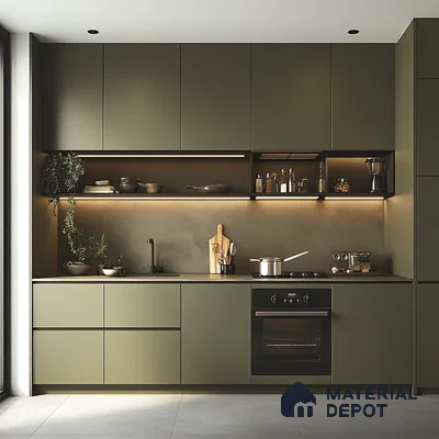 Sleek Modular Kitchen in Olive Green with Matte Finish and Ambient Lighting | Material Depot