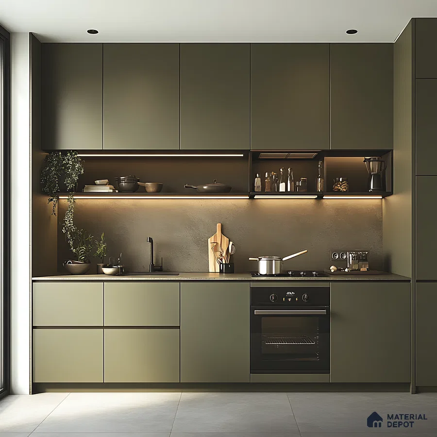 Sleek Modular Kitchen in Olive Green with Matte Finish and Ambient Lighting | Material Depot