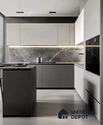 Sleek Monochrome Kitchen with Dramatic Marble Accent | Material Depot