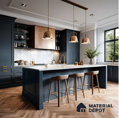 Sleek Navy Blue Kitchen with Herringbone Backsplash and Warm Wooden Accents | Material Depot