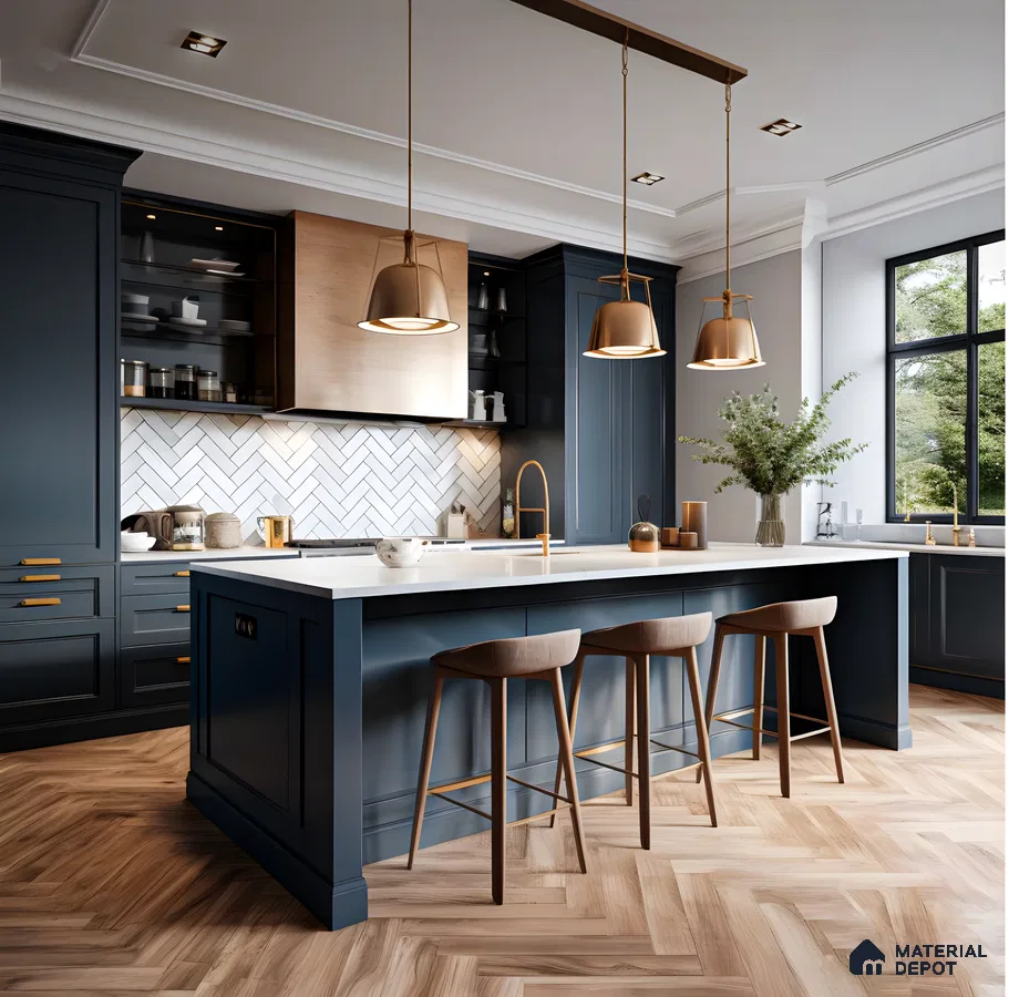 Sleek Navy Blue Kitchen with Herringbone Backsplash and Warm Wooden Accents | Material Depot