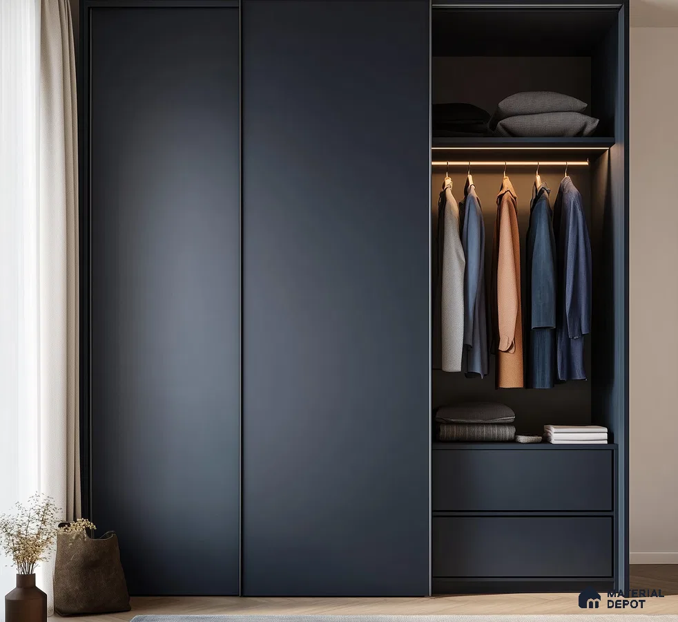 Sleek Navy Blue Sliding Wardrobe for a Modern Minimalist Bedroom | Material Depot