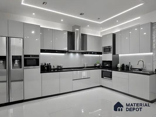 Sleek Noir: A High-Gloss Grey And Black Modular Kitchen With Led Elegance | Material Depot