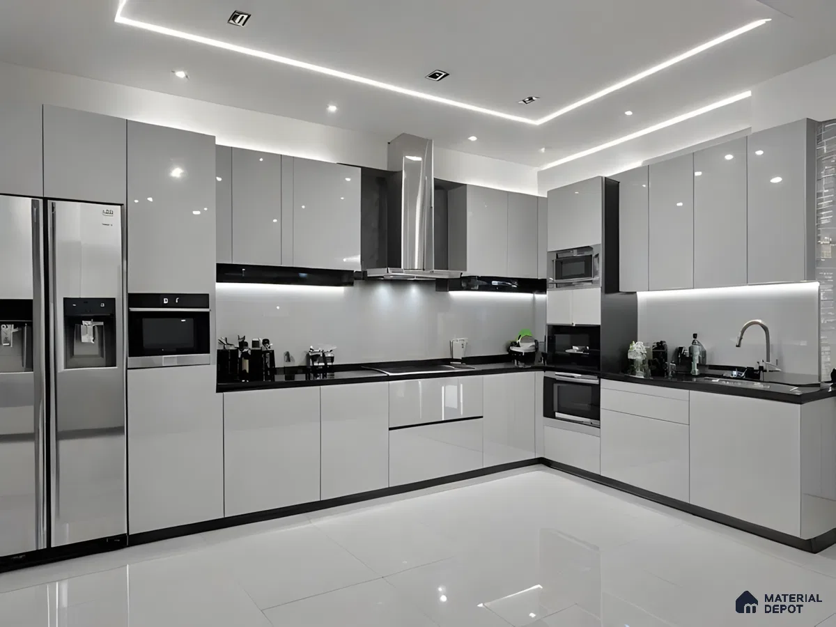 Sleek Noir: A High-Gloss Grey And Black Modular Kitchen With Led Elegance | Material Depot