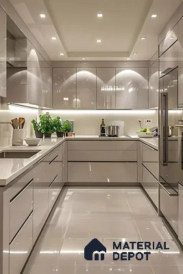 Sleek Perfection: High-Gloss Acrylic Kitchen With Ambient Lighting And Seamless Finish | Material Depot