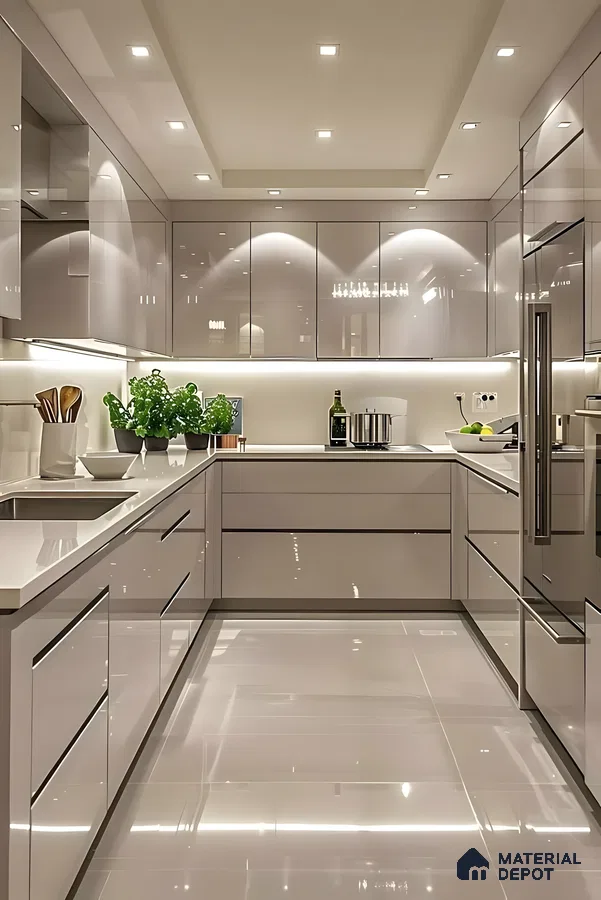 Sleek Perfection: High-Gloss Acrylic Kitchen With Ambient Lighting And Seamless Finish | Material Depot