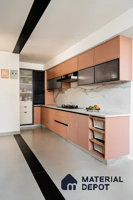 Sleek Pink Laminate Kichen With Marble Backsplash | Material Depot