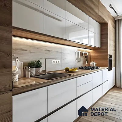 Sleek Scandinavian Galley Kitchen With Glossy Finishes And Warm Wood Tones | Material Depot