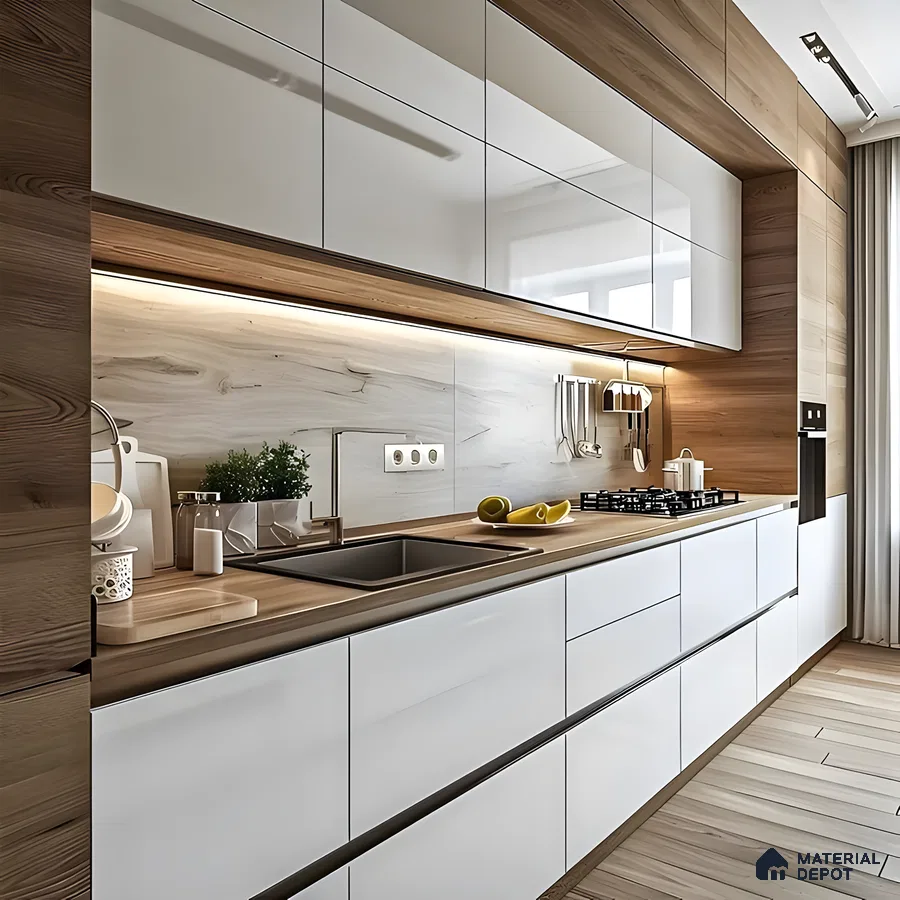 Sleek Scandinavian Galley Kitchen With Glossy Finishes And Warm Wood Tones | Material Depot