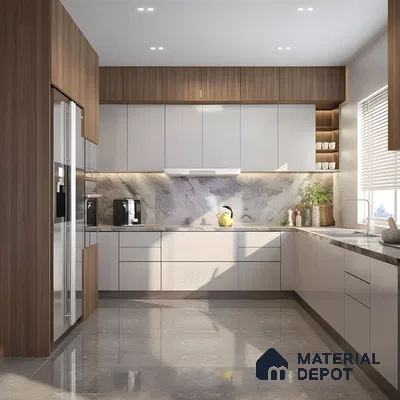 Sleek Serenity: Taupe Cabinets Meet Textured Stone Backsplash | Material Depot