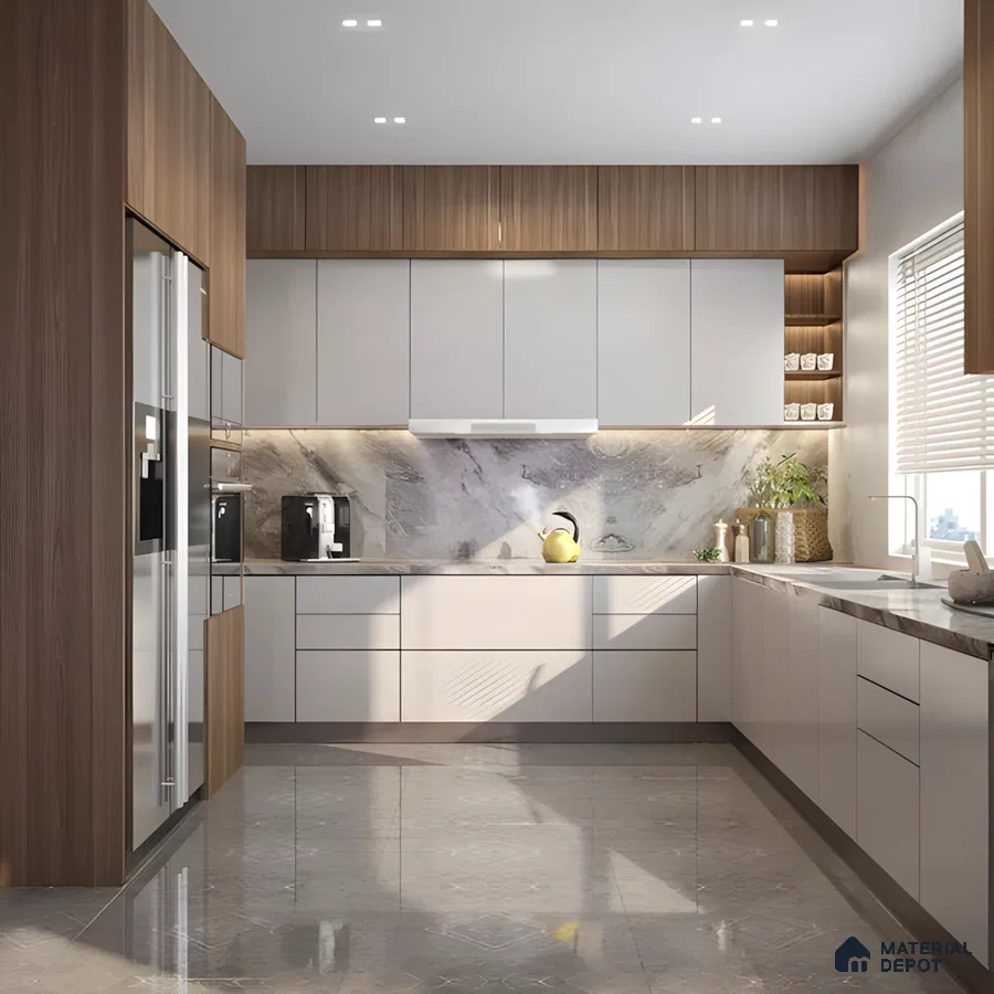Sleek Serenity: Taupe Cabinets Meet Textured Stone Backsplash | Material Depot