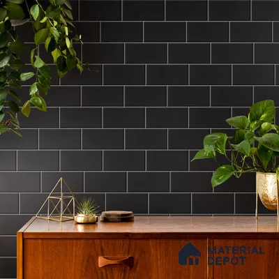 Sleek Simplicity Contemporary Kitchen with Matte Black Tiles and Botanical Accents | Material Depot