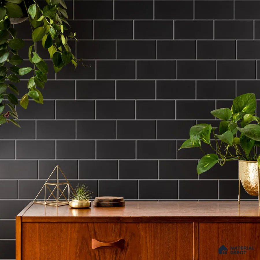 Sleek Simplicity Contemporary Kitchen with Matte Black Tiles and Botanical Accents | Material Depot