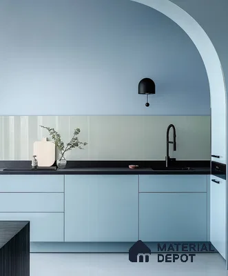 Sleek Sky Blue Kitchen with Arched Niche and Minimalist Design | Material Depot