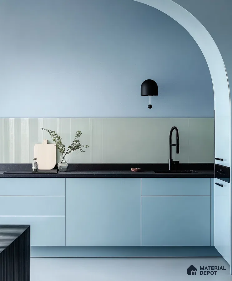 Sleek Sky Blue Kitchen with Arched Niche and Minimalist Design | Material Depot