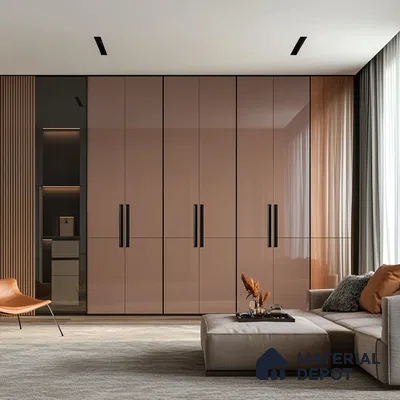 Sleek Sliding Wardrobe with Terracotta Gloss Laminate in Contemporary Bedroom | Material Depot