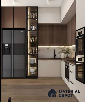 Sleek Sophistication: Matte Black Accents Meet Warm Wood In A Modern Display Kitchen | Material Depot