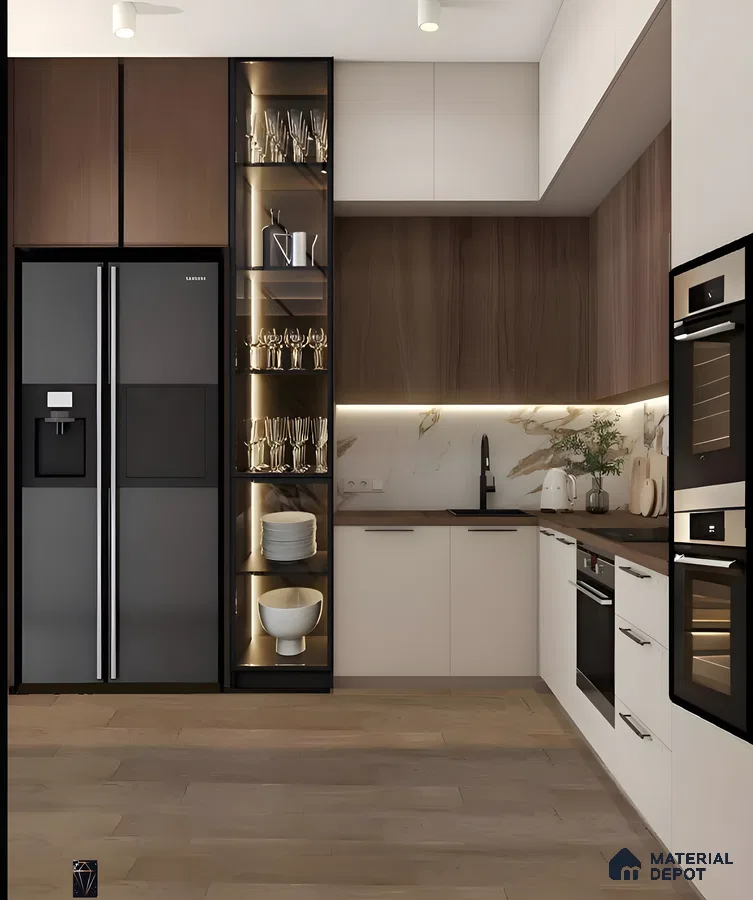 Sleek Sophistication: Matte Black Accents Meet Warm Wood In A Modern Display Kitchen | Material Depot