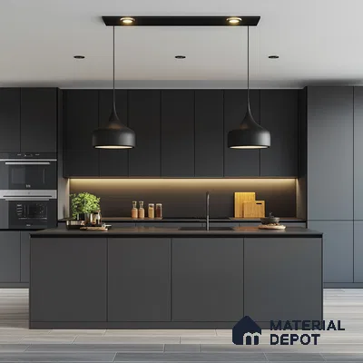 Sleek Sophistication: Modern Black Kitchen with Integrated Functionality and Stylish Accents | Material Depot