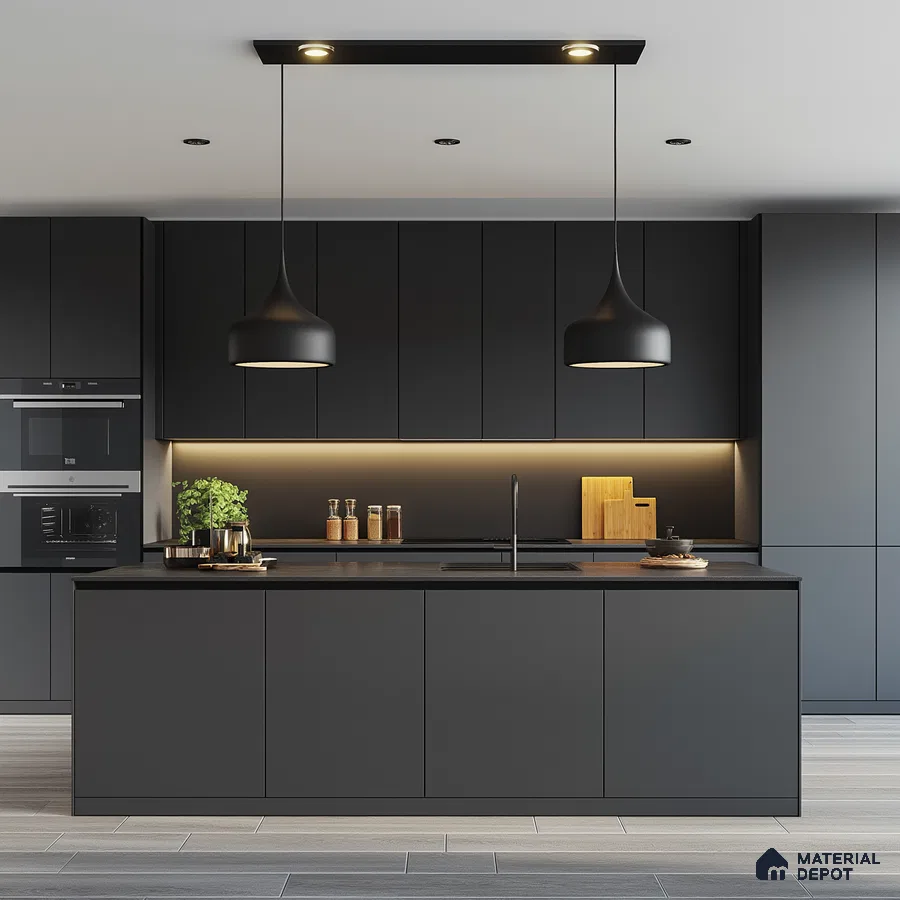 Sleek Sophistication: Modern Black Kitchen with Integrated Functionality and Stylish Accents | Material Depot