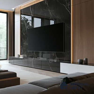 Modern TV Unit With White Marble Laminate And Gold Veins | Material Depot