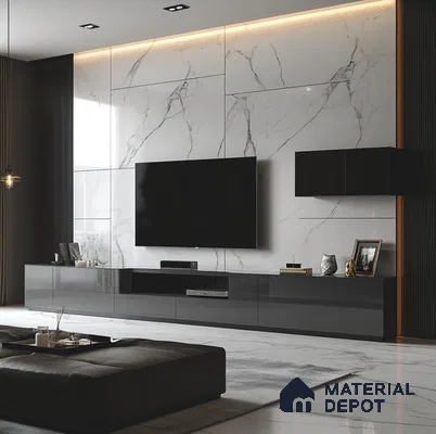 Sleek TV Unit With White Marble Laminate And Black Accents | Material Depot