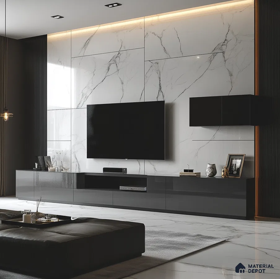 Sleek TV Unit With White Marble Laminate And Black Accents | Material Depot