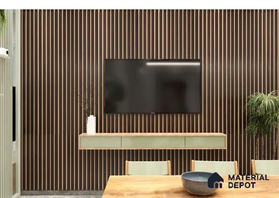 Sleek TV Wall with Dark Vertical Fluted Panels and Floating Sage Green Console | Material Depot
