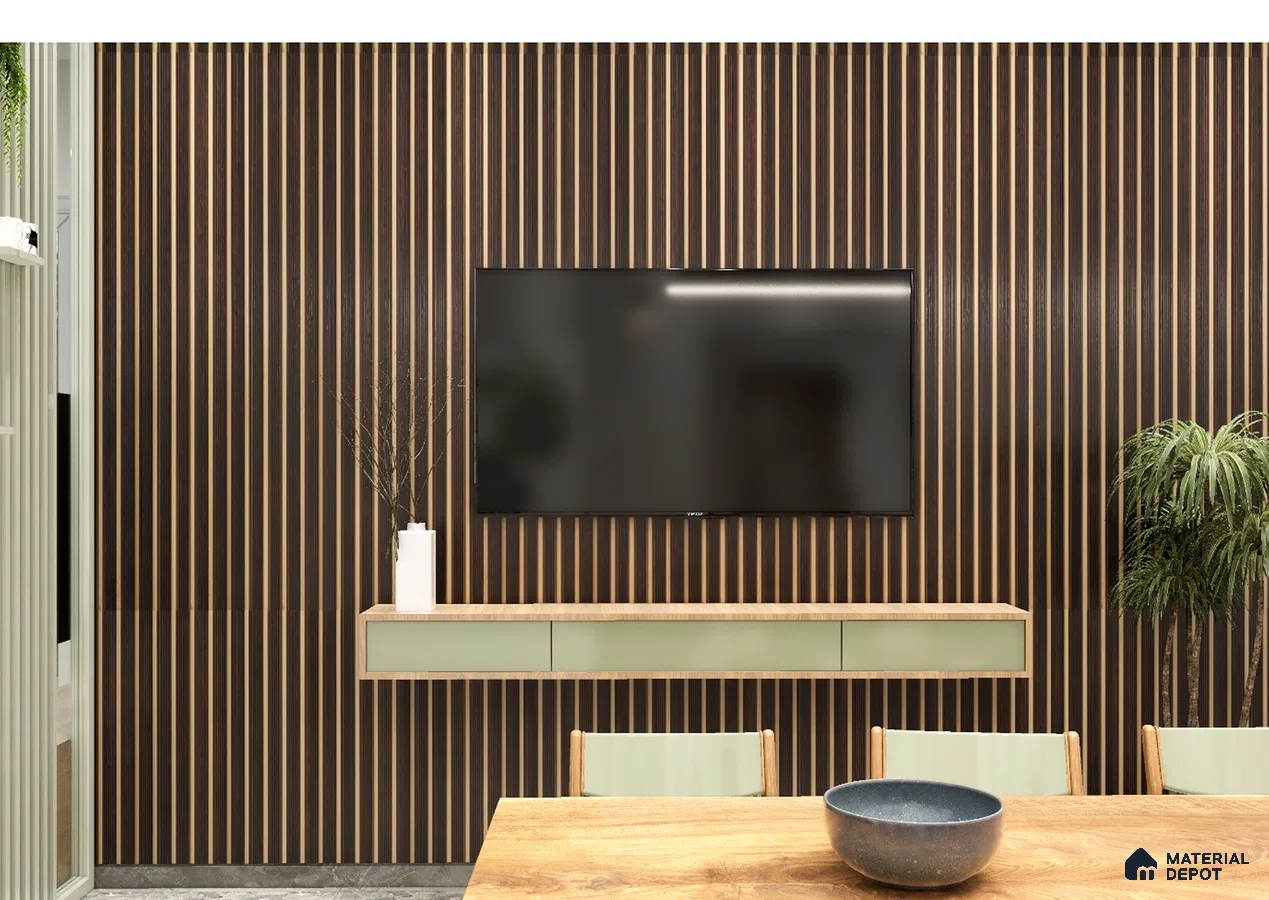 Sleek TV Wall with Dark Vertical Fluted Panels and Floating Sage Green Console | Material Depot