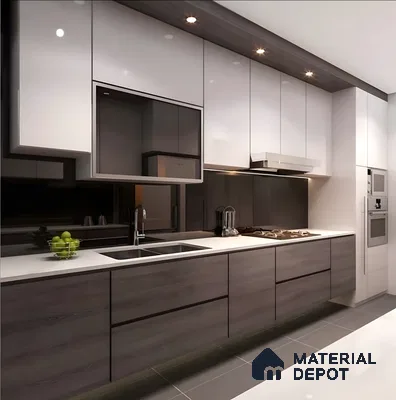 Sleek Two-Tone Kitchen With White Gloss & Dark Woodgrain Cabinets | Material Depot